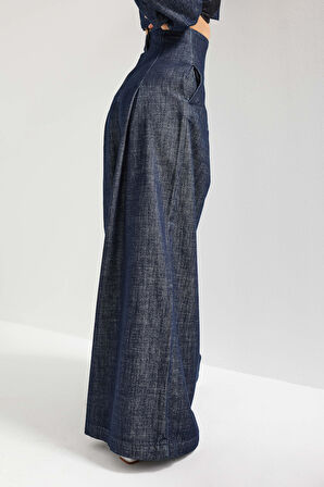 Kadın İndigo Renk 7w5-50 Süper Palazzo Fit Yüksek Bel Özel Tasarım Denim Jean