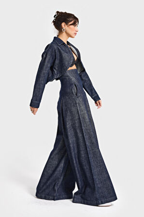 Kadın İndigo Renk 7w5-50 Süper Palazzo Fit Yüksek Bel Özel Tasarım Denim Jean