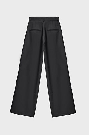 Kadın Siyah Renk w5-1 Palazzo Fit Kemeri Dantel Detaylı Tasarım Pantolon