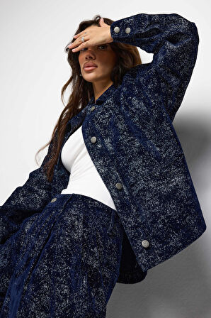Kadın Koyu Mavi Renk 7w5-56 Oversize Özel Kumaş Tasarım Denim Ceket