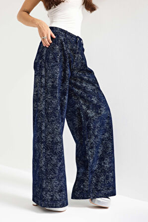 Kadın Koyu Mavi Renk 7w5-56 Midrise Wide Leg Fit Özel Kumaş Tasarım Denim Jean