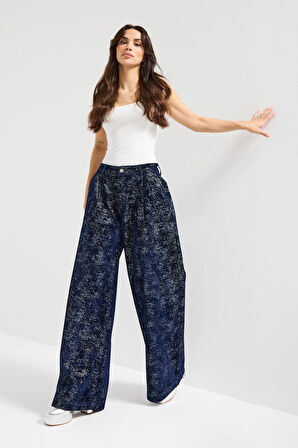 Kadın Koyu Mavi Renk 7w5-56 Midrise Wide Leg Fit Özel Kumaş Tasarım Denim Jean