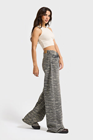 Kadın Koyu Kot Rengi 4w5-155 Süper Baggy Fit Özel Kumaş Tasarım Denim Jean