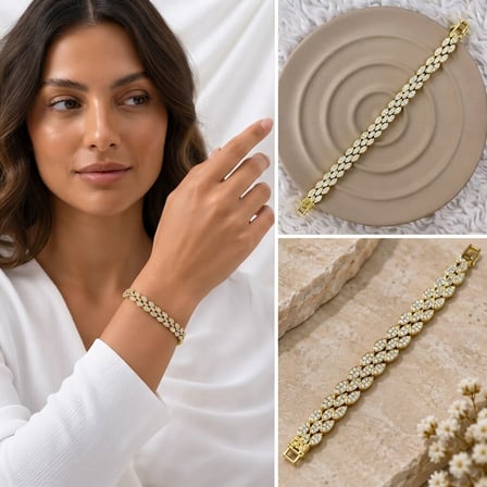 💎 Premium Parlak ve Şık Çift Sıra Taşlı Gold Renk 316L Çelik Kadın Bileklik (20cm)