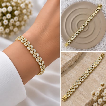 💎 Premium Parlak ve Şık Çift Sıra Taşlı Gold Renk 316L Çelik Kadın Bileklik (20cm)