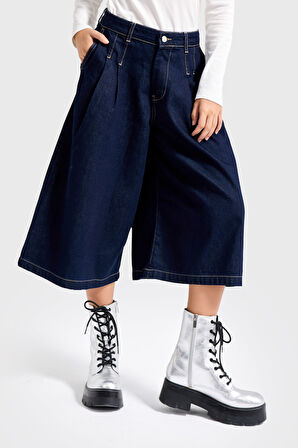 Kadın İndigo Renk 7s6-50 Baggy Fit Pileli Uzun Denim Bermuda Jean