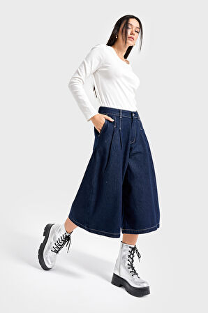 Kadın İndigo Renk 7s6-50 Baggy Fit Pileli Uzun Denim Bermuda Jean