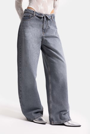 Kadın Koyu Gri 2w6-125 Straight Fit Kemer Detaylı Denim Jean