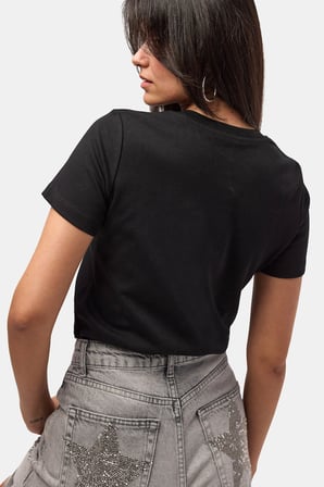 Kadın Siyah s6-1 Bisiklet Yaka Organik Koton T-Shirt