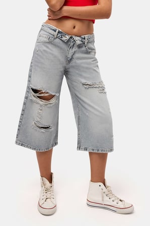 Kadın Kot Rengi 12s6-159 Straight Fit Maxi Bermuda Denim Şort