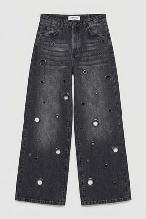Kadın Koyu Füme 2s6-1 Baggy Fit Kuş Gözü Tasarım Denim Jean