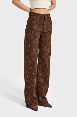 Kadın Kahverengi 7s6-16 Straight Fit Özel Nakış Detaylı Tasarım Denim Jean