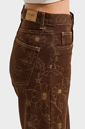 Kadın Kahverengi 7s6-16 Straight Fit Özel Nakış Detaylı Tasarım Denim Jean