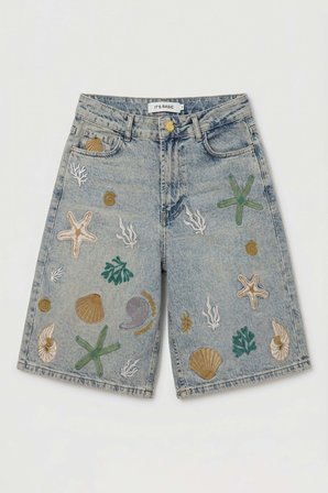 Kadın Kot Rengi 4s6-65 Nakışlı Özel Tasarım Bermuda Denim Şort