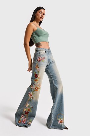 Kadın T.Kot Rengi 4s6-32 Flare Fit Elastan Kumaş Özel Nakış Detaylı Tasarım Denim Jean