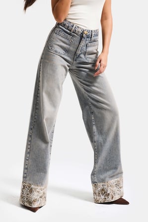 Kadın Kot Rengi 4s6-65 Wide Leg Fit Paça Dantel Detaylı Özel Tasarım denim Jean