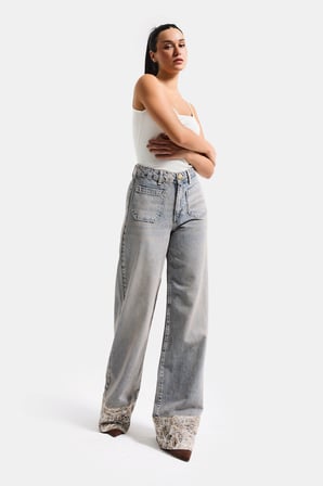 Kadın Kot Rengi 4s6-65 Wide Leg Fit Paça Dantel Detaylı Özel Tasarım denim Jean
