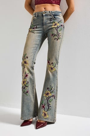 Kadın T.Kot Rengi 4s6-91 Midrise Flare Fit Özel Nakış Desenli Elastan Kumaş Denim Jean