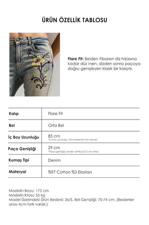 Kadın T.Kot Rengi 4s6-91 Midrise Flare Fit Özel Nakış Desenli Elastan Kumaş Denim Jean