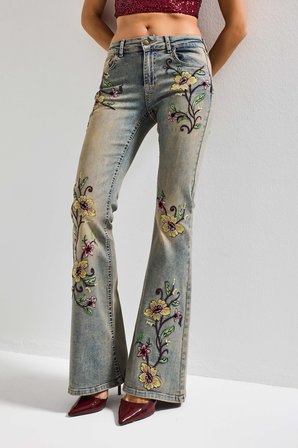 Kadın T.Kot Rengi 4s6-91 Midrise Flare Fit Özel Nakış Desenli Elastan Kumaş Denim Jean