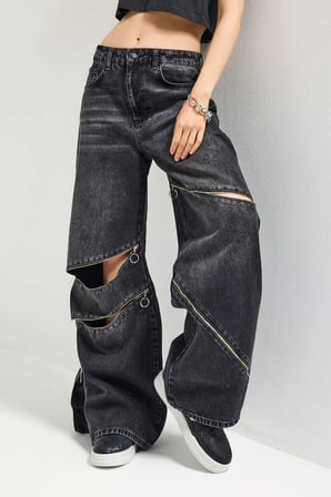 Kadın Koyu Füme 2s6-1 Süper Baggy Fit Fermuar Detaylı Özel Tasarım Denim Jean