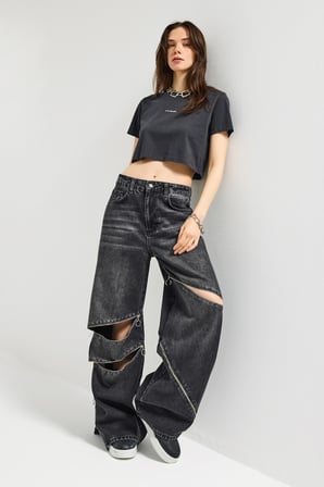 Kadın Koyu Füme 2s6-1 Süper Baggy Fit Fermuar Detaylı Özel Tasarım Denim Jean