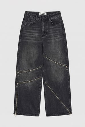 Kadın Koyu Füme 2s6-1 Süper Baggy Fit Fermuar Detaylı Özel Tasarım Denim Jean