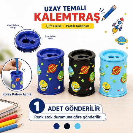 BakGelAl Uzay Temalı Çift Delikli Kalemtraş – Hazneli Masaüstü Kalem Açacağı Çocuk Okul Kırtasiye Ürünü 1 Adet