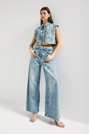 Kadın Kot Rengi 12s6-32 Mega Baggy Fit Özel Dikim Aksesuarlı Tasarım Denim Jean