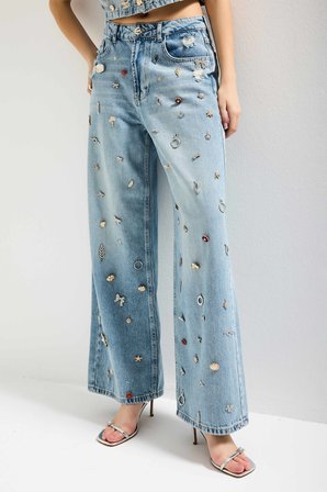 Kadın Kot Rengi 12s6-32 Mega Baggy Fit Özel Dikim Aksesuarlı Tasarım Denim Jean