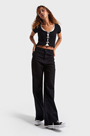 Kadın Siyah Renk 1w5-1 Esnek Likralı Kumaş Wide Leg Fit İç boy 80cm Denim Jean