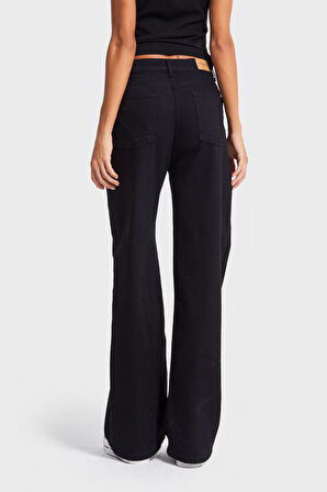 Kadın Siyah Renk 1w5-1 Esnek Likralı Kumaş Wide Leg Fit İç boy 80cm Denim Jean