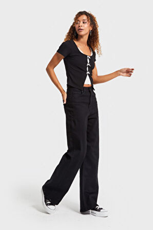 Kadın Siyah Renk 1w5-1 Esnek Likralı Kumaş Wide Leg Fit İç boy 80cm Denim Jean