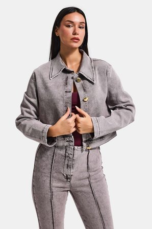 Kadın Gri 3s6-158 Crop Fit Esnek Kumaş Düğmeli Denim Ceket