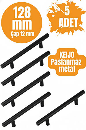 5 ADET Keijo SİYAH 128mm Paslanmaz Kulp (mobilya, dolap kulbu, kulp modeli)