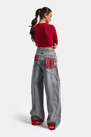 Kadın Gri Renk 4s6-13 Mega Baggy Fit Paça ve Cep Detaylı Özel Tasarım Denim Jean
