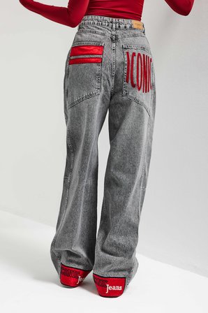 Kadın Gri Renk 4s6-13 Mega Baggy Fit Paça ve Cep Detaylı Özel Tasarım Denim Jean