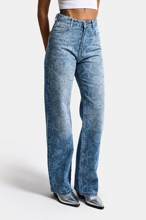 Kadın Kot Rengi T-2s6-27 Straight Fit Özel baskılı Kumaş Parlak Taşlı Tasarım Denim Jean