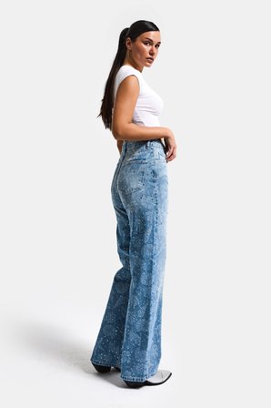 Kadın Kot Rengi T-2s6-27 Straight Fit Özel baskılı Kumaş Parlak Taşlı Tasarım Denim Jean