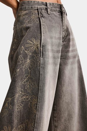 Kadın Kot Rengi 4s6-16 Süper Baggy Balon Fit Nakış Detaylı Özel Tasarım Denim Jean