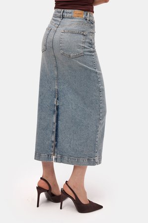 Kadın Kot Renk 4s6-32 Maxi Komfort Kumaş Arkadan Yırtmaçlı Denim Etek