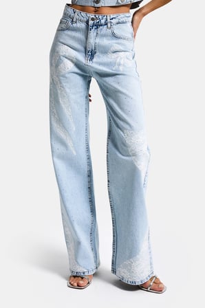 Kadın Ice T-4s6-3 Straight Fit Taş ve Dantel Detaylı Özel Tasarım Denim Jean