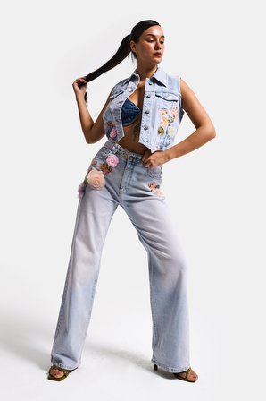 Kadın Kot Rengi 4s6-89 Straight Fit Gül ve Nakış Detaylı Özel Tasarım Denim Jean