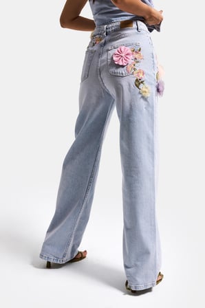 Kadın Kot Rengi 4s6-89 Straight Fit Gül ve Nakış Detaylı Özel Tasarım Denim Jean