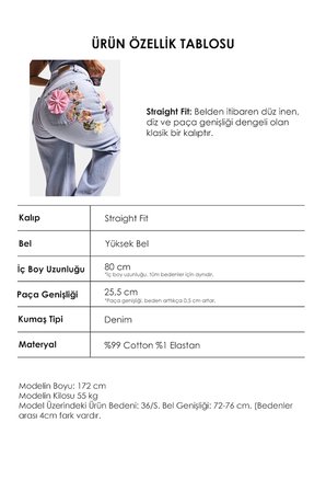 Kadın Kot Rengi 4s6-89 Straight Fit Gül ve Nakış Detaylı Özel Tasarım Denim Jean