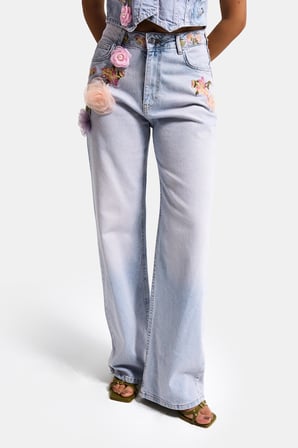 Kadın Kot Rengi 4s6-89 Straight Fit Gül ve Nakış Detaylı Özel Tasarım Denim Jean
