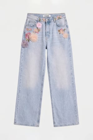 Kadın Kot Rengi 4s6-89 Straight Fit Gül ve Nakış Detaylı Özel Tasarım Denim Jean