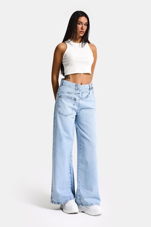 Kadın Ice Renk 4s6-3 Mega Baggy Fit Ön Arka Detay Tasarım Denim Jean