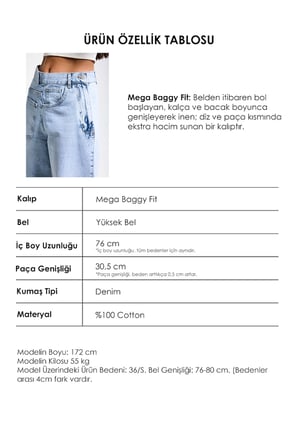 Kadın Ice Renk 4s6-3 Mega Baggy Fit Ön Arka Detay Tasarım Denim Jean