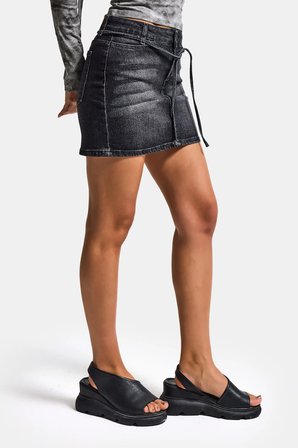 Kadın Koyu Füme 2s6-1 Straight Fit Kemer Detaylı Elastan Mini Denim Etek